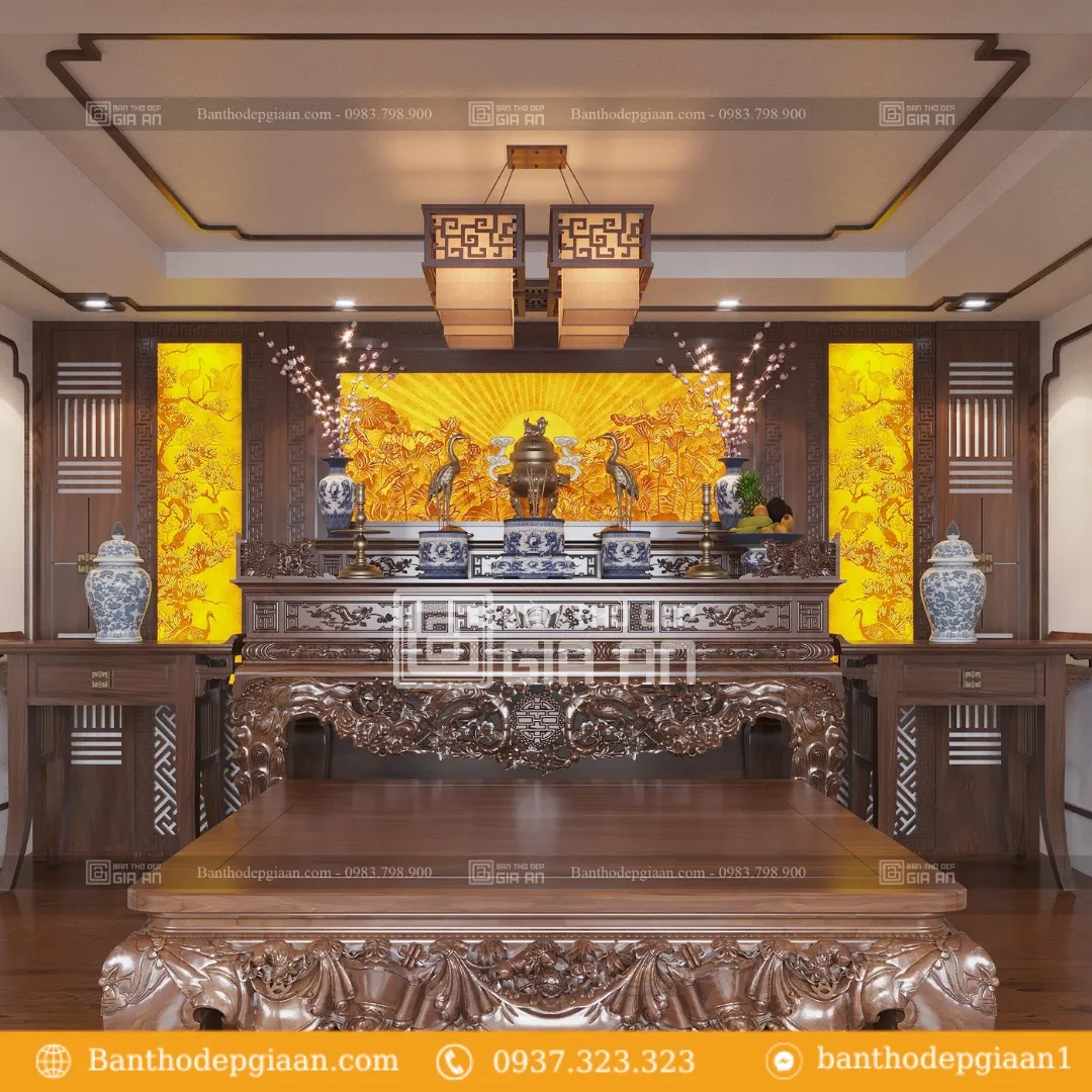 Hình ảnh bộ lư đồng chi tiết được đặt hài hòa trên bàn thờ