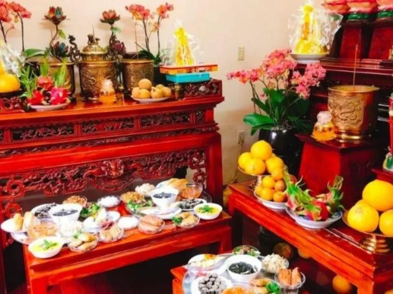 Mâm lễ vật trước khi hạ lễ trên bàn thờ cách hạ lễ trên bàn thờ với mâm lễ vật đầy đủ