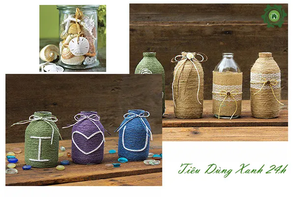 Hai mẫu lọ thủy tinh trang trí bàn học được quấn dây và trang trí bằng họa tiết đơn giản