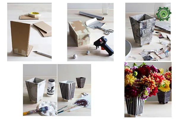 Cách làm lọ hoa trang trí bàn học từ bìa carton và giấy bạc