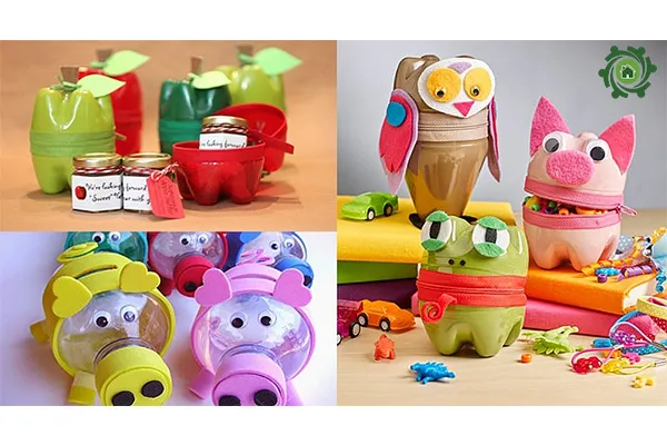 Hình ảnh búp bê và hộp đựng đồ dùng làm từ chai nhựa