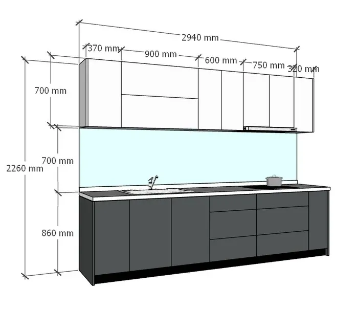 Cách tính kích thước tủ bếp chữ I (tủ bếp thẳng)