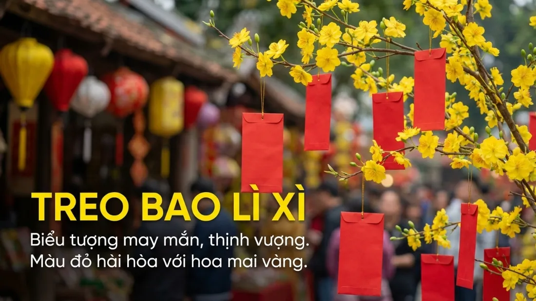 Bao lì xì đỏ treo trên cây mai vàng tạo điểm nhấn may mắn