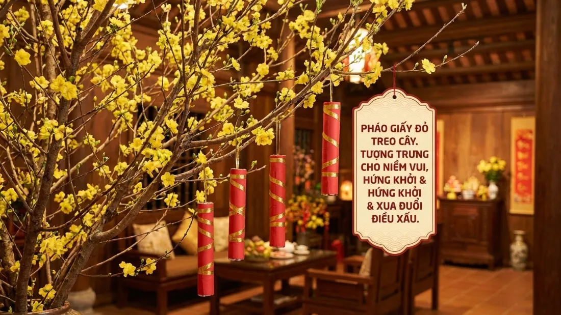 Dây pháo giấy đỏ quấn quanh cây mai tạo không khí Tết