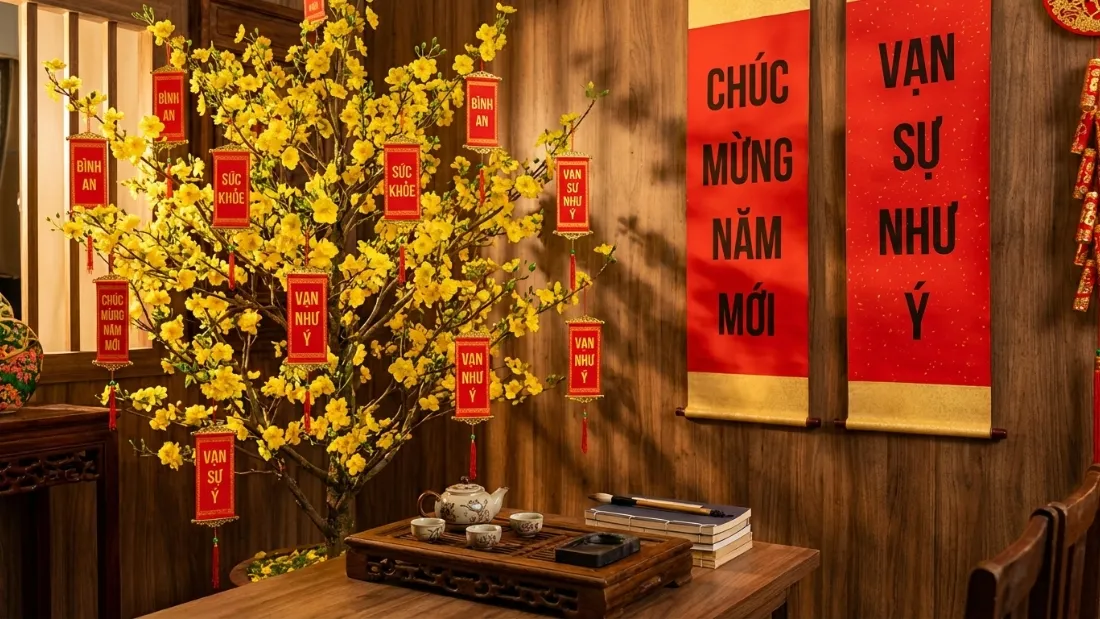 Câu đối thư pháp treo trên cây mai thể hiện văn hóa truyền thống