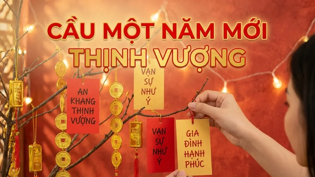 Đồng tiền vàng và biểu tượng tài lộc treo trên cây mai