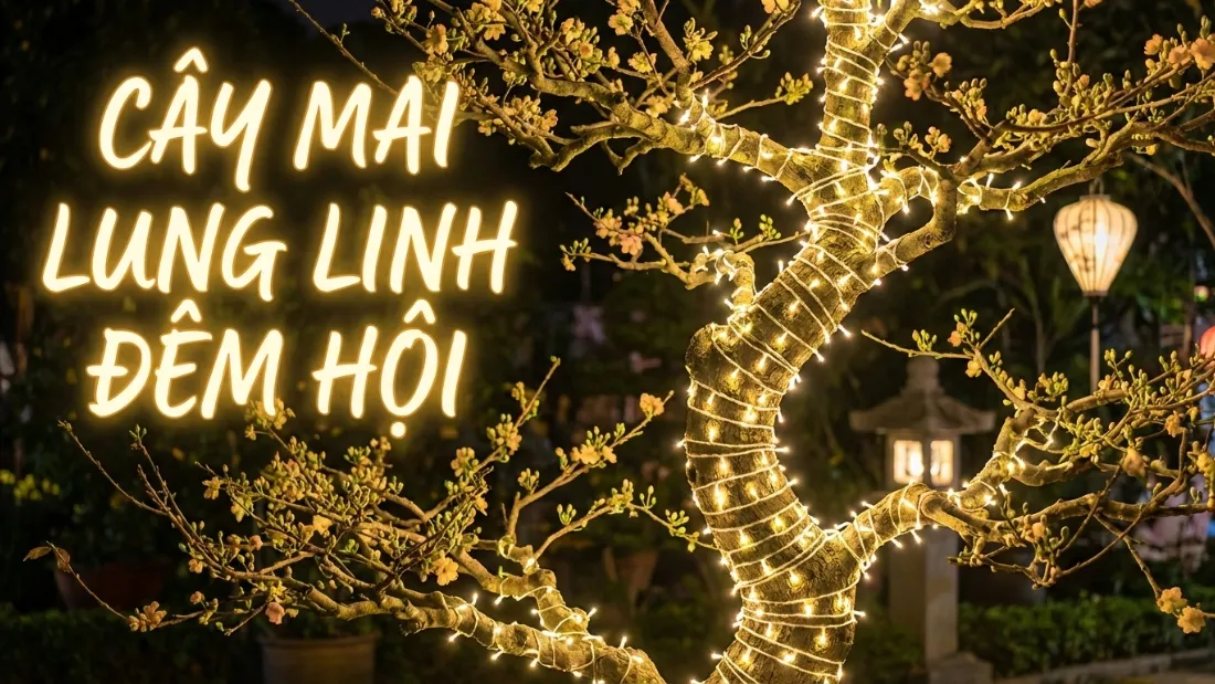 Đèn LED vàng ấm quấn quanh cây mai tạo hiệu ứng lung linh
