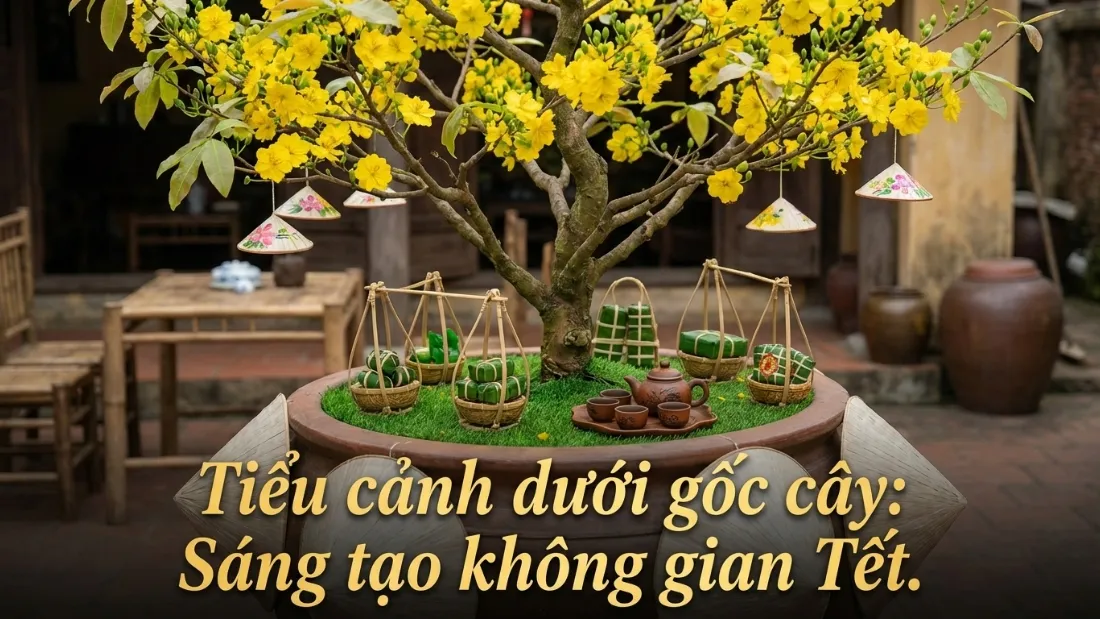 Tiểu cảnh dưới gốc cây mai với mô hình truyền thống