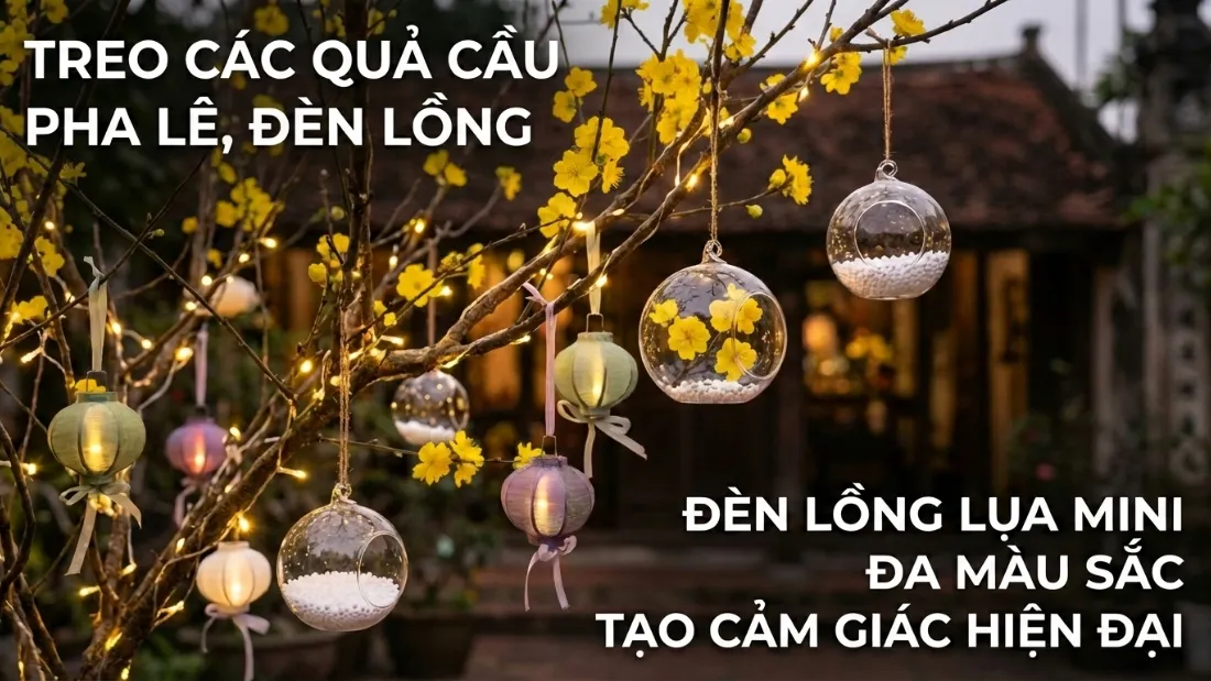 Quả cầu pha lê trong suốt treo trên cây mai phản xạ ánh sáng
