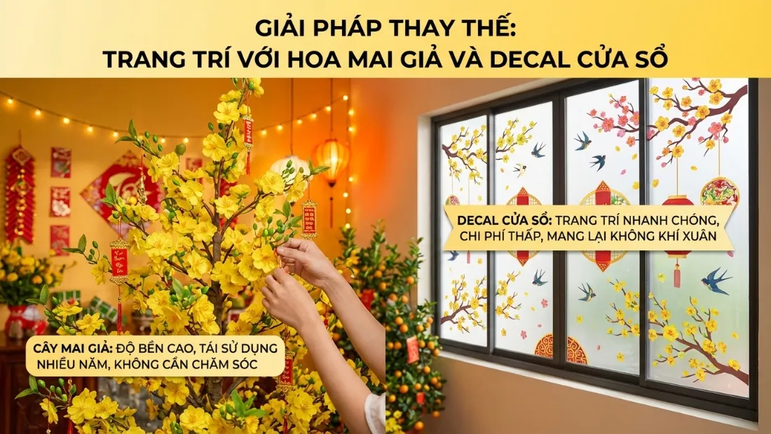 Decal hoa mai dán cửa kính tạo không gian Tết