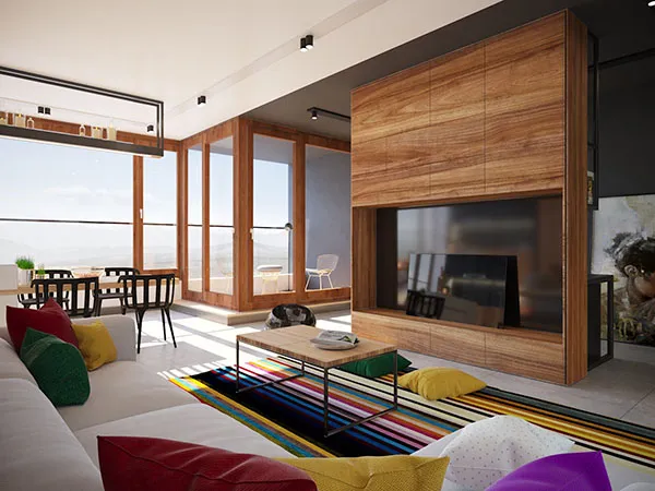 Phòng khách mở với tông màu nổi bật và nội thất gỗ