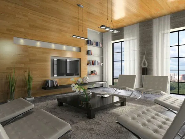 Phòng khách cao với sự kết hợp gỗ, đá và ghế da xám