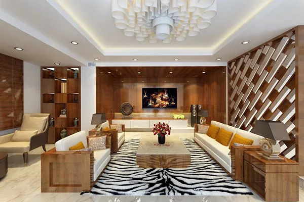 Phòng khách với ghế và bàn làm từ khối gỗ dày, tường ốp gỗ bóng