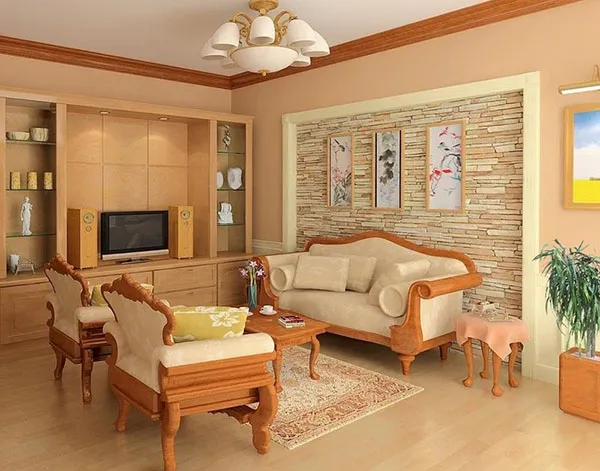 Ghế gỗ chạm khắc tinh tế và tủ kệ tivi cỡ lớn