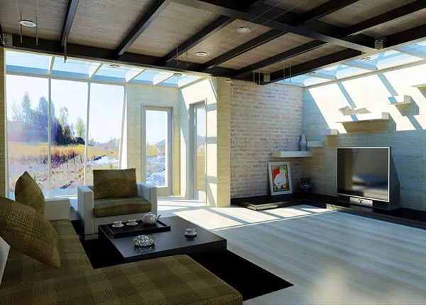 Phòng khách ngập nắng với sàn gỗ, tường gạch và dầm gỗ lộ