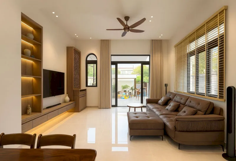 Cách trang trí phòng khách nhà cấp 4 thoáng đãng, tường sơn trắng đơn giản, nhiều cửa sổ để đón ánh sáng và gió trời