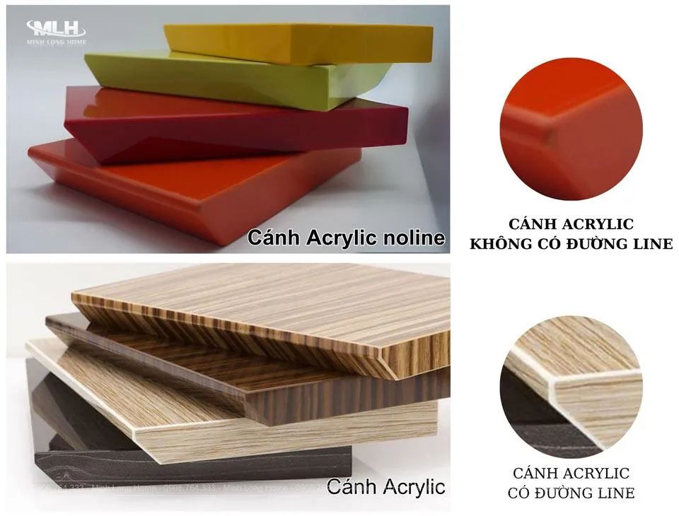 Cận cảnh phần cánh Acrylic noline của tủ bếp nhôm so với cánh Acrylic thường