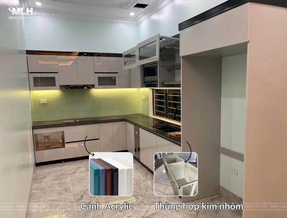 Cấu tạo tủ bếp nhôm cánh acrylic gồm 2 phần chính là thùng nhôm và cánh Acrylic