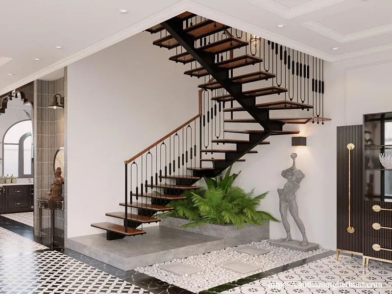 Giới thiệu chi tiết về cấu tạo cầu thang sắt mặt bậc gỗ kết hợp tay vịn gỗ lim