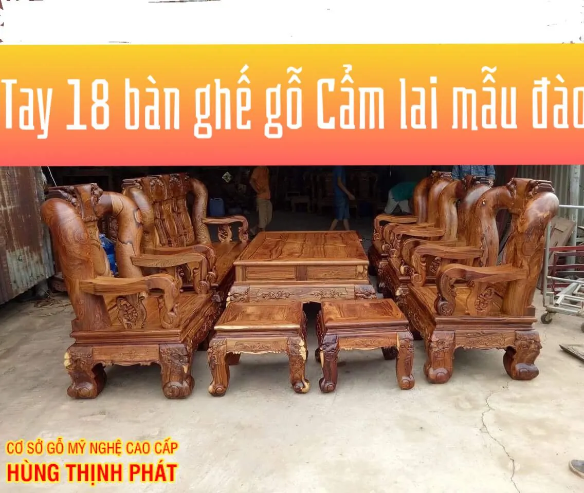 Bộ bàn ghế gỗ Cẩm Lai tay 18 thiết kế Triện Đào Long sang trọng trong phòng khách