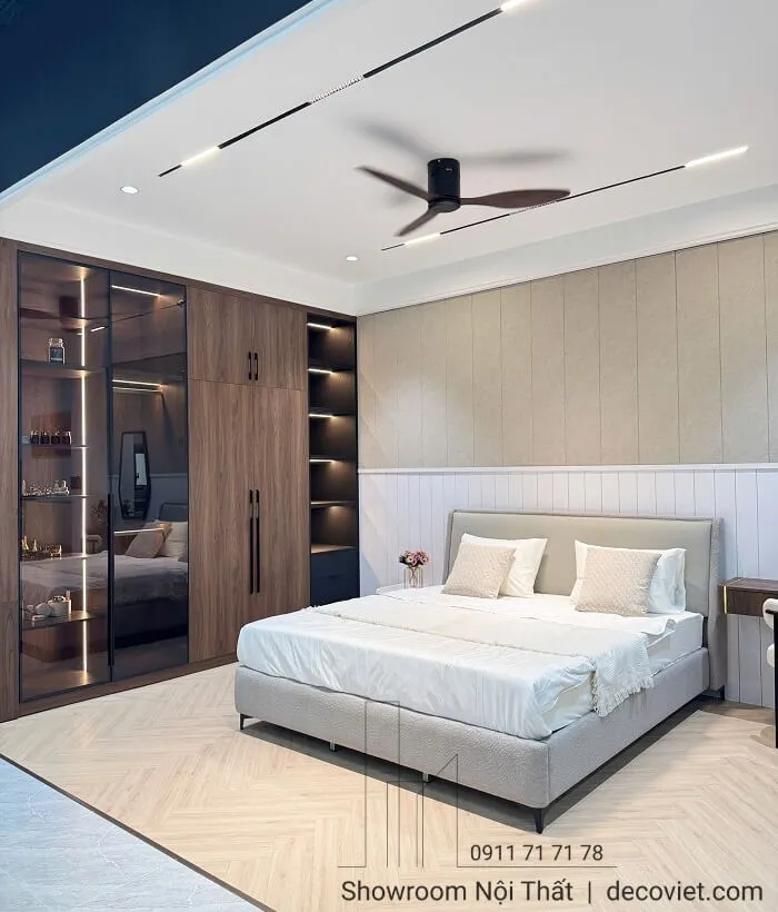 Giường ngủ gỗ sồi Nga phong cách Japandi với tấm đầu bọc nỉ xám