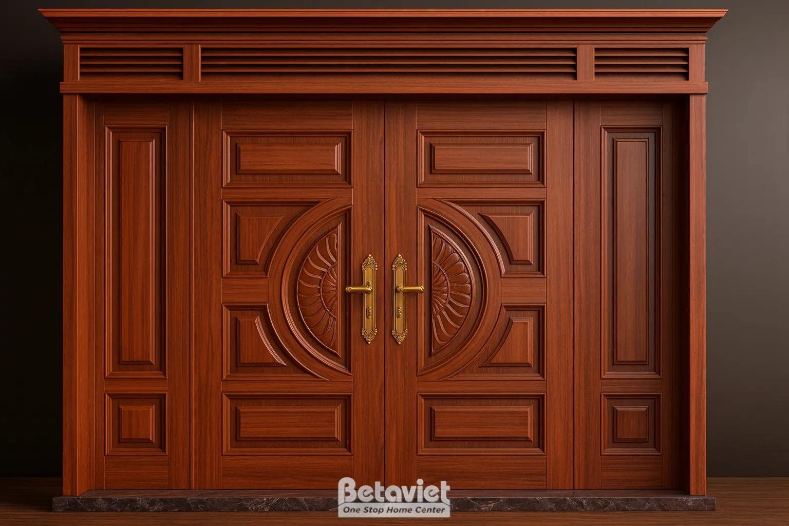 Cửa gỗ 4 cánh có hoa văn chạm khắc nổi trang trí tinh tế