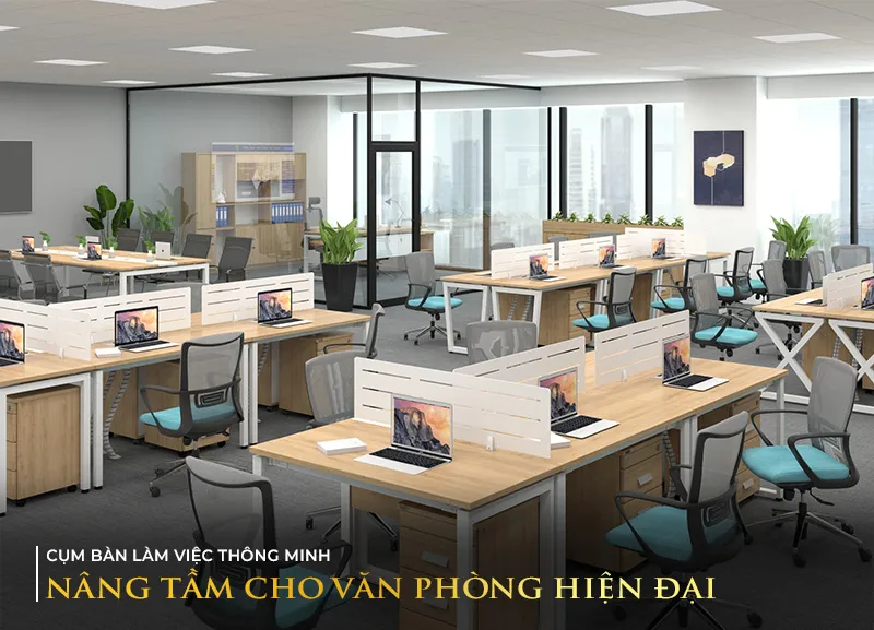 Mô hình module bàn làm việc 4 người có vách ngăn lửng tăng sự tập trung