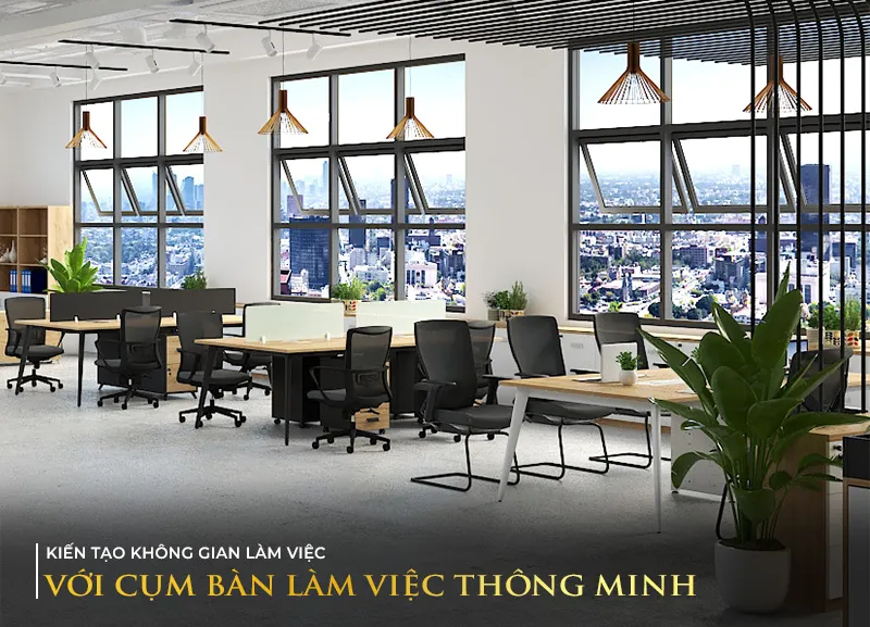 Tổng quan không gian lắp đặt cụm bàn làm việc có vách ngăn cho nhóm lớn