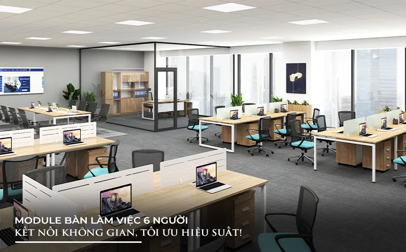 Cụm bàn làm việc 6 người hiện đại với vách ngăn riêng tư