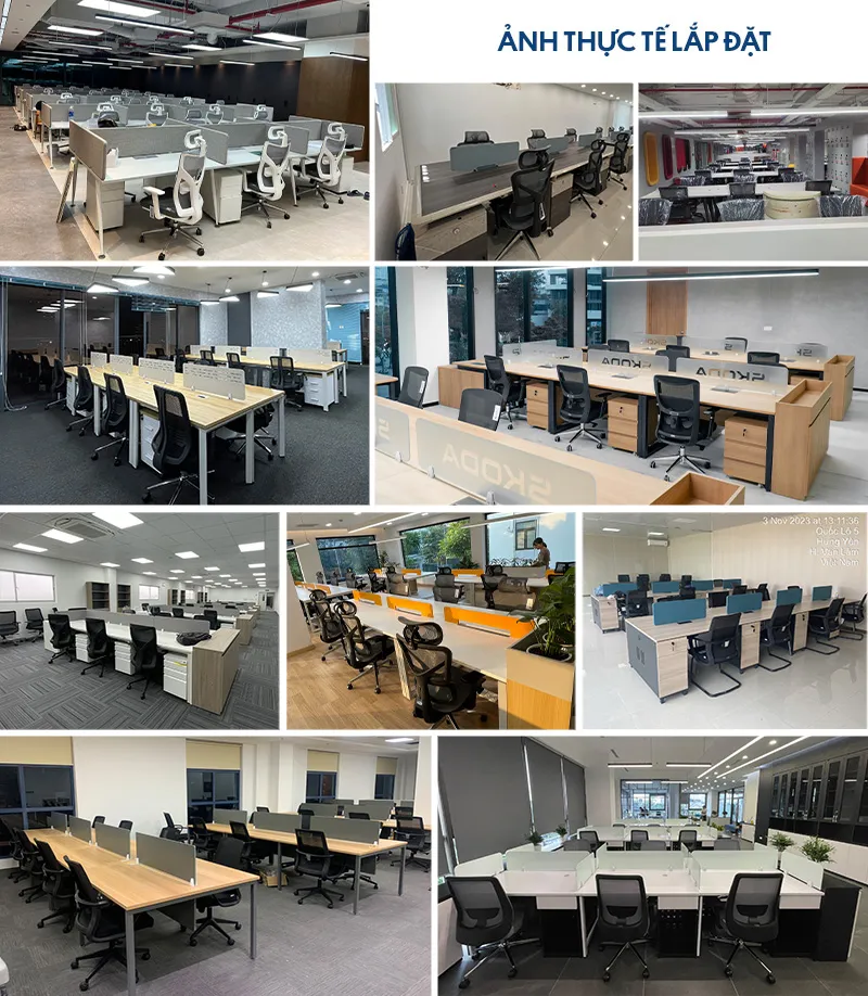 Hình ảnh lắp đặt thực tế cụm bàn làm việc 6 người trong văn phòng