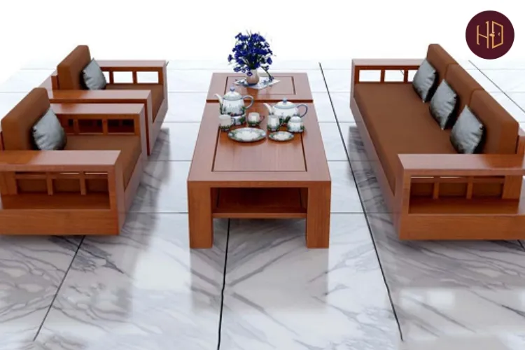 Bộ bàn ghế phòng khách gỗ sồi với thiết kế đơn giản, đường nét vuông vắn