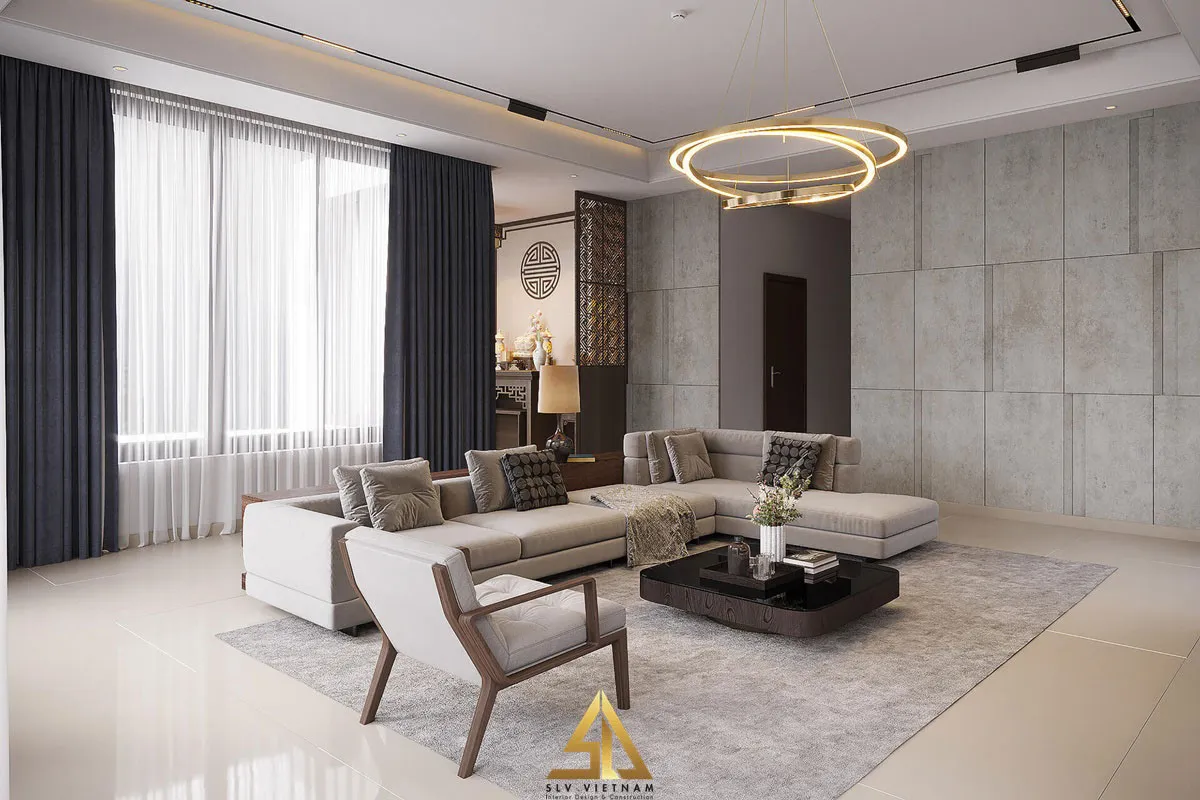 Mẫu 5: Đặt phòng thờ bên cạnh phòng khách hiện đại