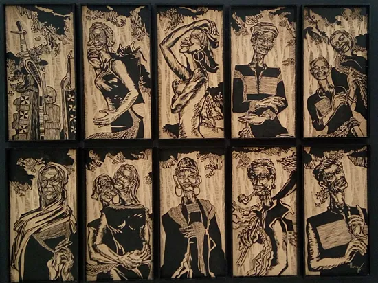 Tác phẩm Dấu Xưa Đại Ngàn của họa sĩ Trần Thanh Long thể hiện kỹ thuật khắc gỗ hiện đại