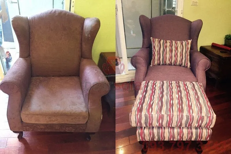 Một chiếc sofa bọc vải cũ kiểu cổ điển ở quận 2 trước và sau khi bọc