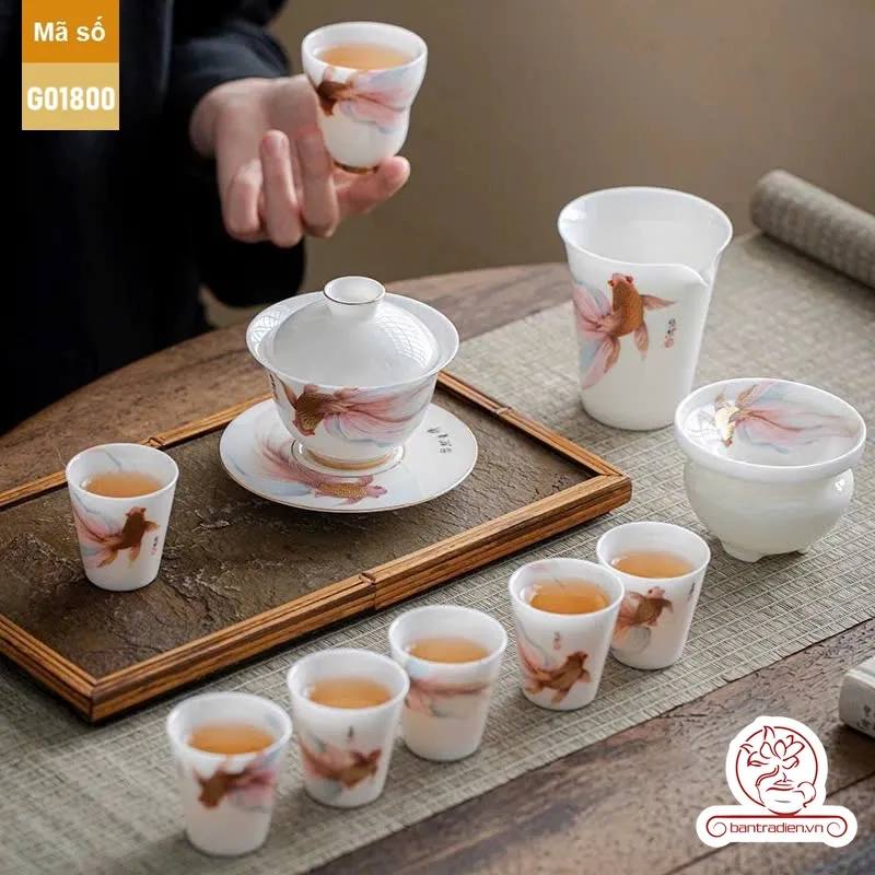 Bộ ấm trà cao cấp sứ trắng Bạch Ngọc Đức Hóa Ung Dung Tự Tại G01800