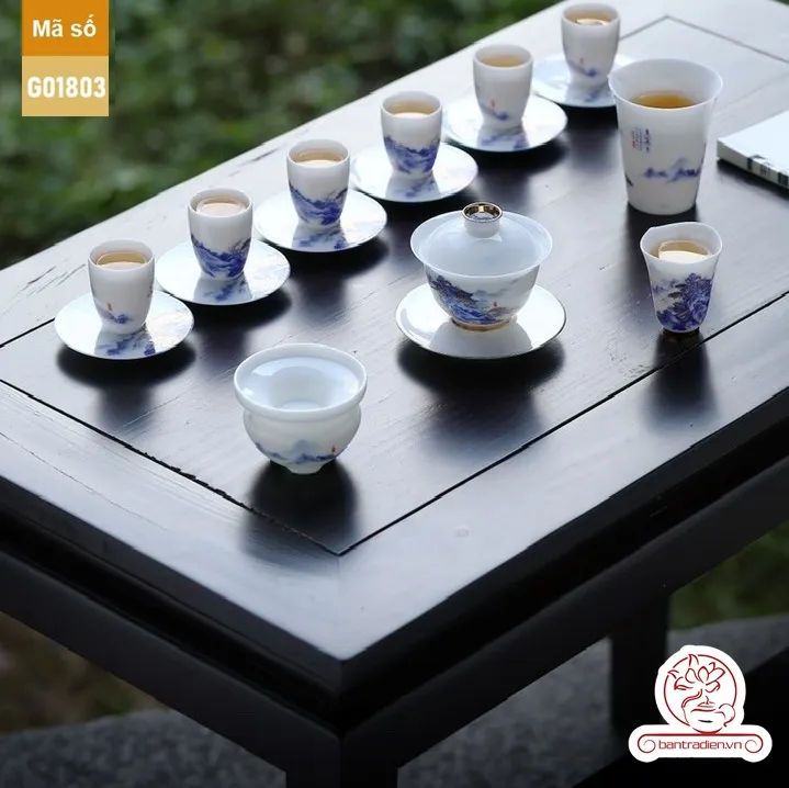 Bộ ấm trà cao cấp sứ trắng Bạch Ngọc Băng Ngưng Đức Hóa Cao Sơn Lưu Thủy G01803