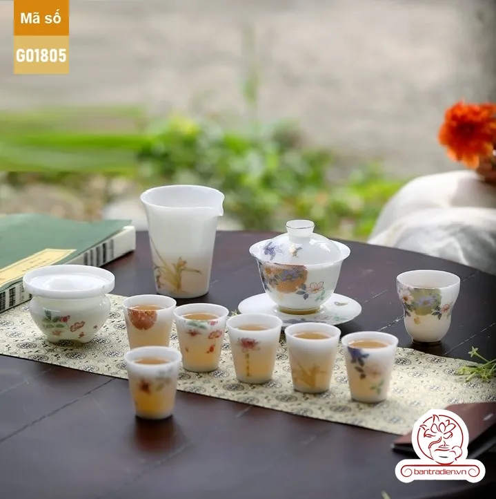 Bộ ấm trà cao cấp sứ trắng Bạch Ngọc Băng Tinh Đức Hóa Tứ Quý An Nhiên G01805