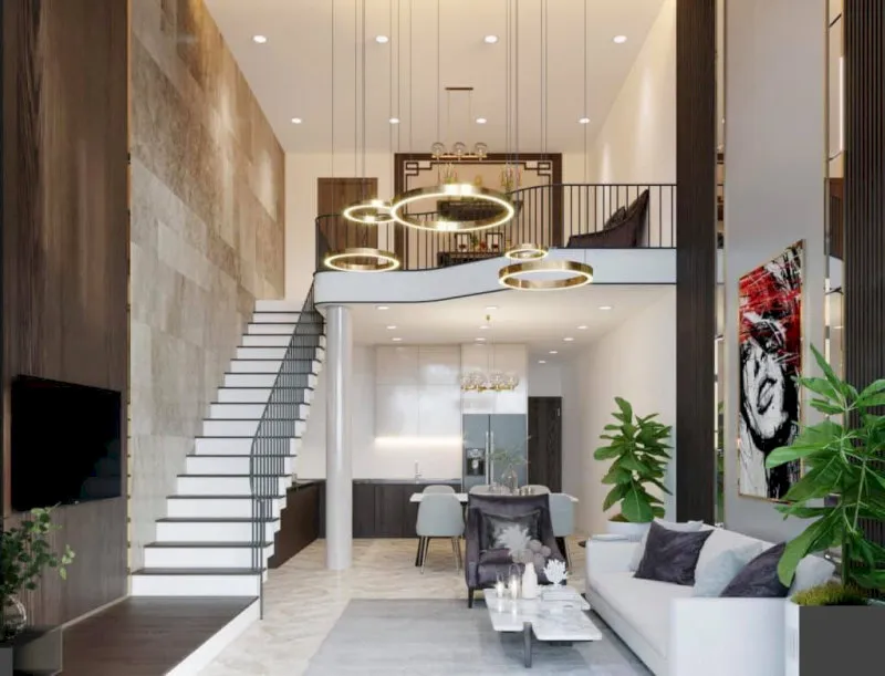 Gác lửng làm phòng thờ và bên dưới bố trí phòng khách hiện đại với bàn trà nhỏ và kệ tivi treo