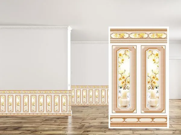 Gạch ốp chân tường vân gỗ in bông màu sáng giúp không gian vừa nghệ thuật vừa trẻ trung