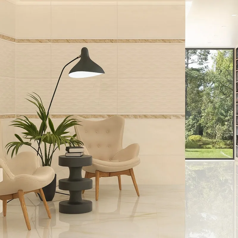 Gạch ốp chân tường tông be đồng bộ với gạch lát nền