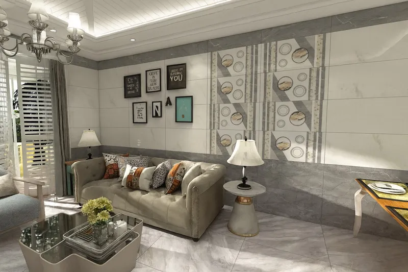 Gạch ốp chân tường xám kết hợp gạch trang trí