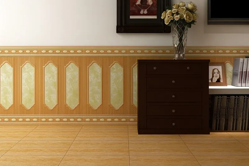 Gạch ốp chân tường vân gỗ nâu kết hợp viền đá trắng