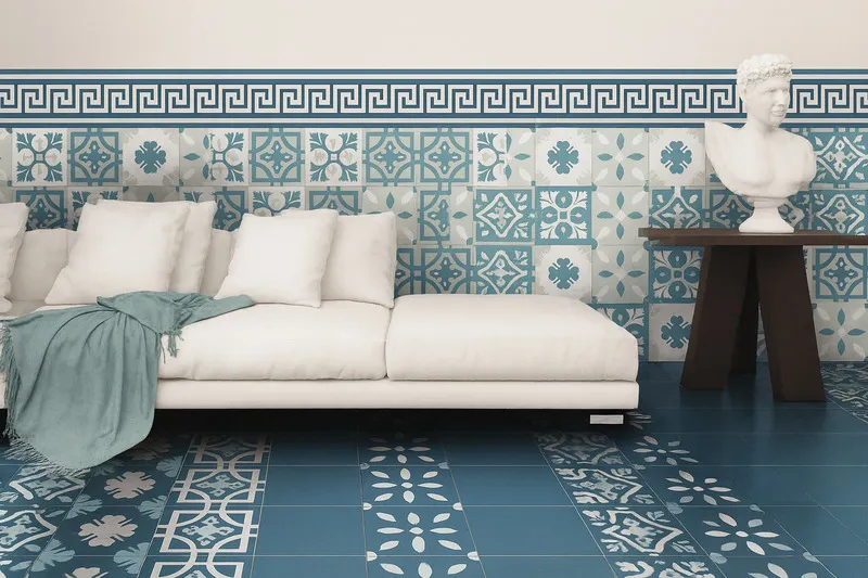 Gạch bông tông xanh kết hợp gạch ốp chân tường cùng màu