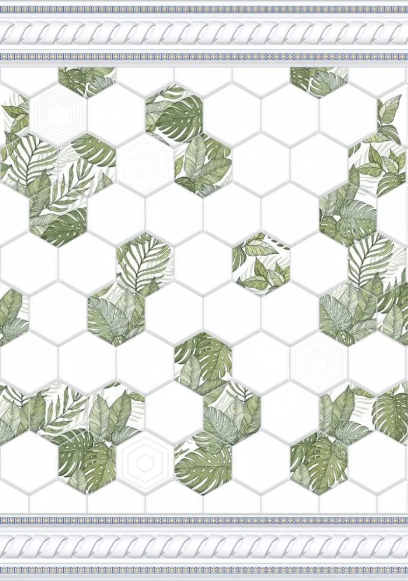 Gạch ốp chân tường họa tiết lá xanh trên nền trắng