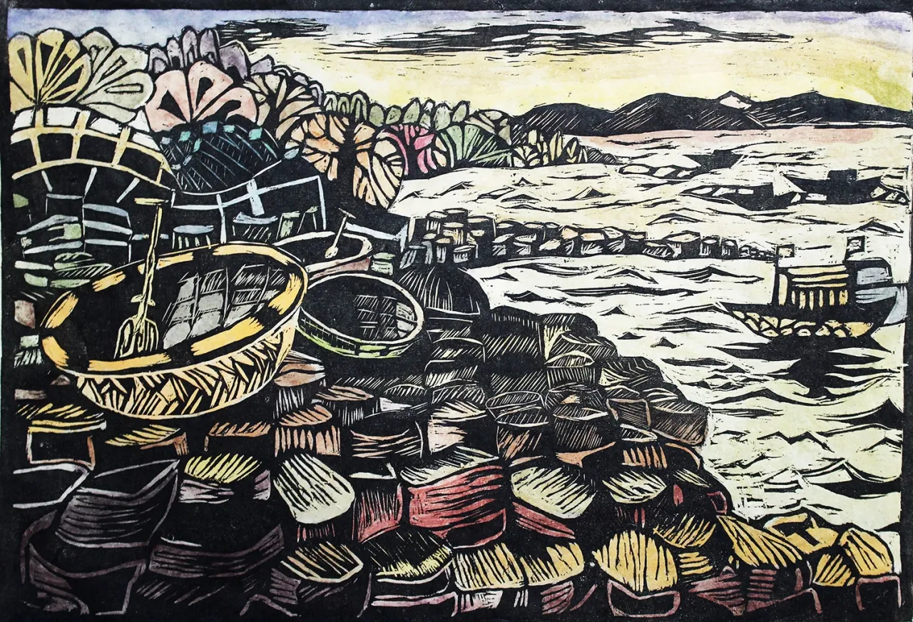 Tác phẩm Gành Đá Dĩa của họa sĩ Nguyễn Ngọc Thành kết hợp giữa khắc gỗ và phong cảnh hiện đại