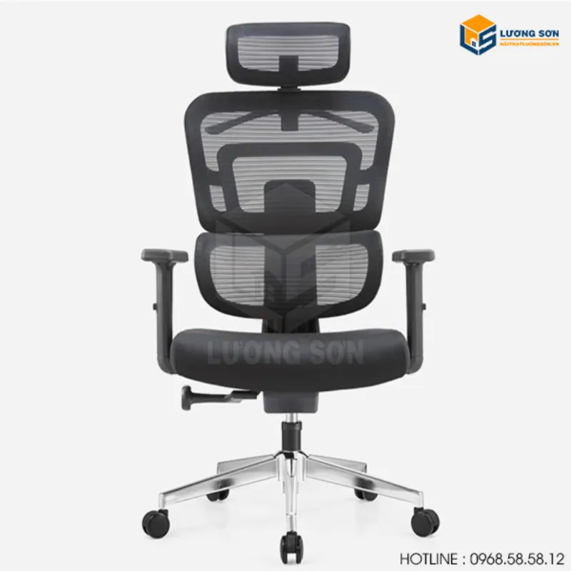 Alt text: Ghế công thái học lưng lưới cao cấp, màu xám trắng, thoáng khí, thoải mái