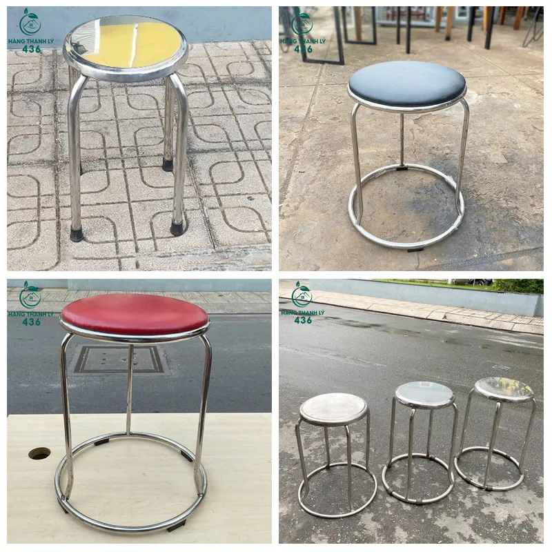 Minh họa bộ bàn ghế inox cũ và ghế đôn inox thanh lý cho quán nhậu