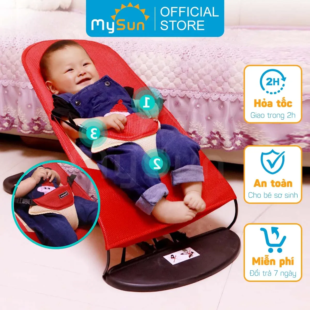 Hình ảnh một chiếc ghế nằm cho bé sơ sinh màu xám với khung chắc chắn