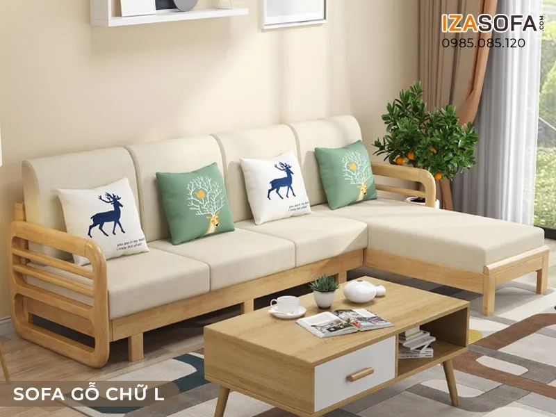 Bộ sofa gỗ góc L kèm bàn trà đồng bộ
