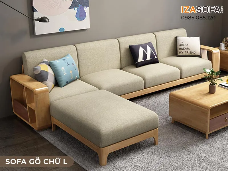 Ghế sofa gỗ chữ L đẹp với đường nét mềm mại